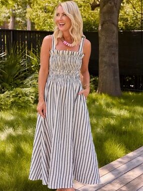 Striped Smocked Maxi Dress - White Stripe Gameday
